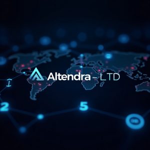 Global cryptocurrency exchange Altendra-LTD interface with digital trading map and network data points